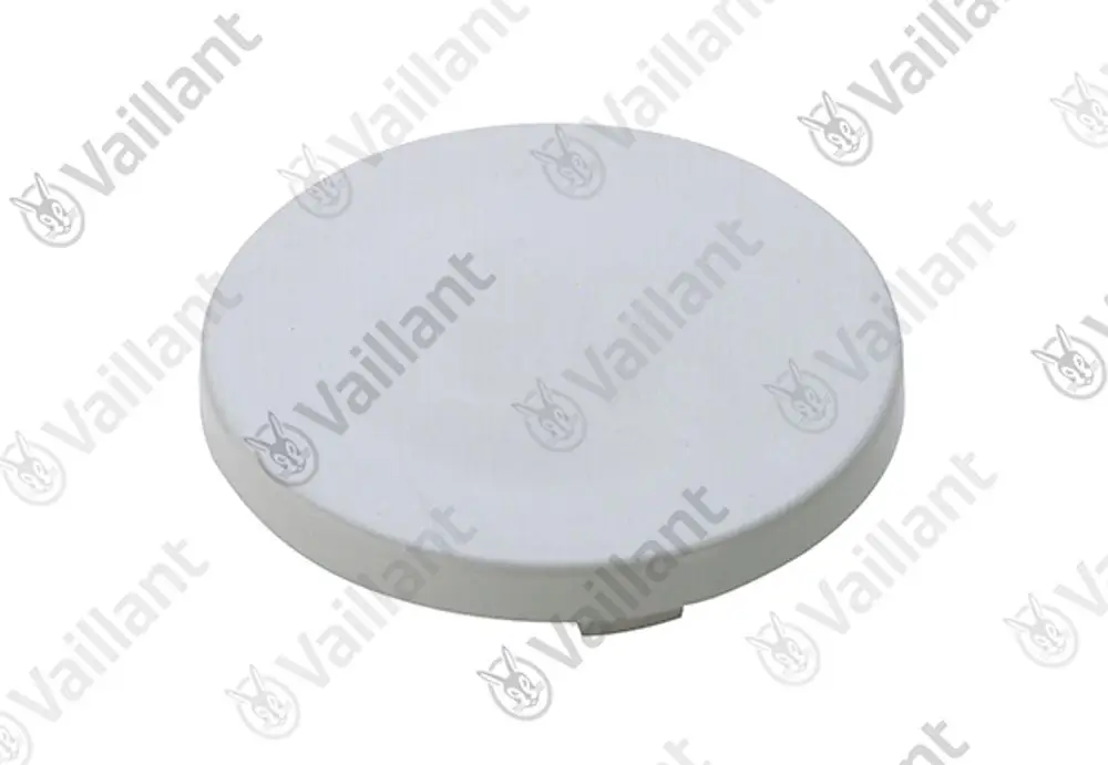 Runder, weißer Deckel mit glatter Oberfläche, markiert mit dem Logo von Vaillant, geeignet zur Abdeckung eines Anschlusses oder Geräts.